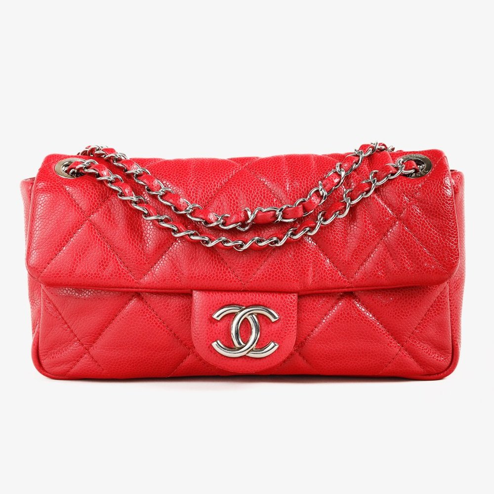 Chanel Red Quilted Glazed Caviar Leather Silver Tone CC Logo Flap Handbag